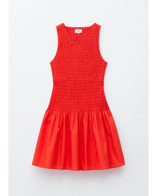 & Other Stories Red Smocked Cotton Poplin Mini Dress