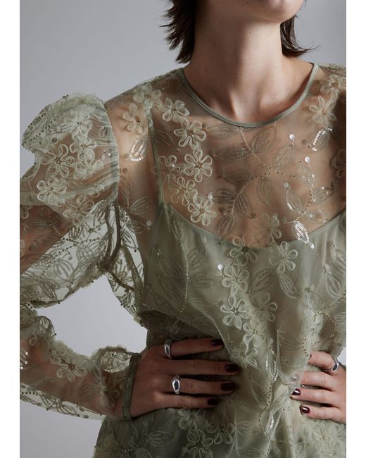 & Other Stories Gray Sheer Embroidered Organza Blouse