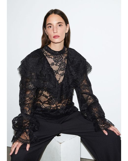 & Other Stories Black Ruffled Lace Blouse