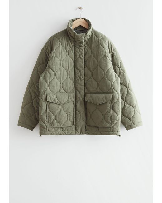& Other Stories Green Oversized Quilted Zip Jacket