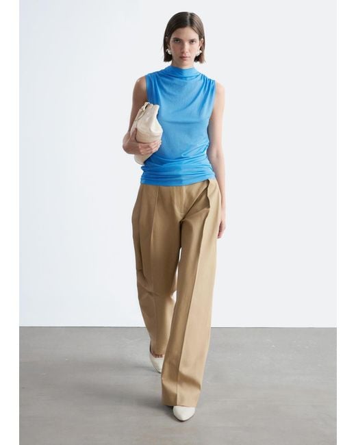 & Other Stories Blue Ruched Mock-Neck Top