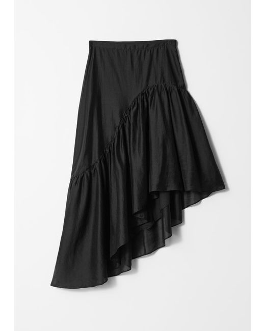 & Other Stories Black Asymmetric Ruffle Midi Skirt