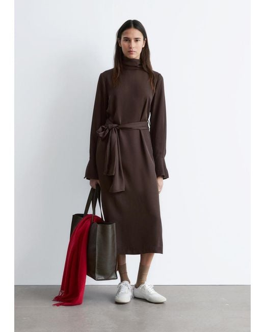 & Other Stories Brown Scarf-Neck Midi Dress