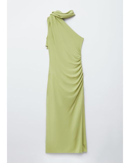 & Other Stories Green One-Shoulder Scarf-Detail Midi Dress
