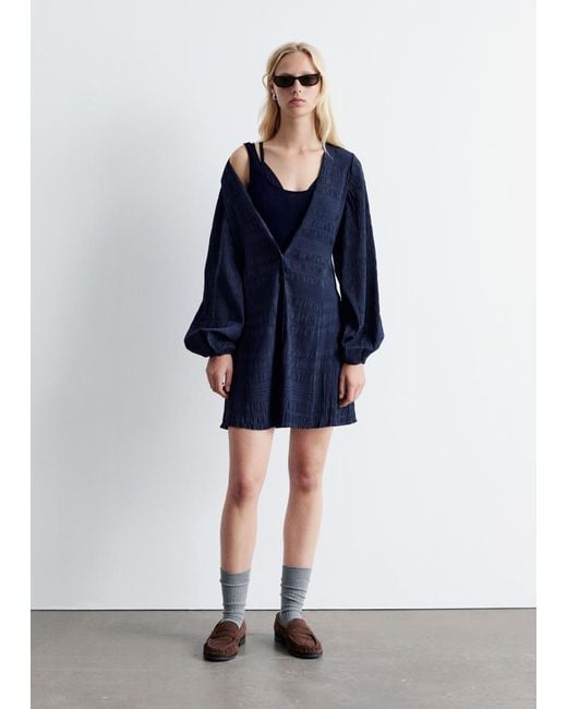 & Other Stories Blue Smocked Balloon-Sleeve Mini Dress