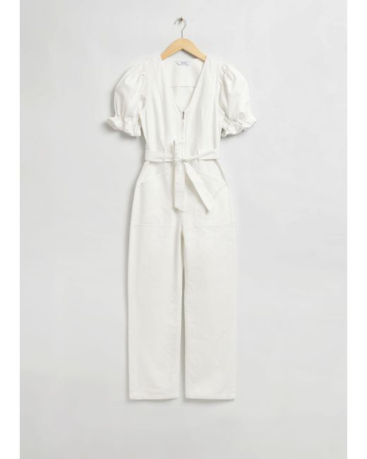 & Other Stories White Puff Sleeve V-neck Jumpsuit