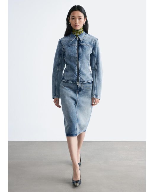 & Other Stories Blue Fitted Zip-Up Denim Jacket