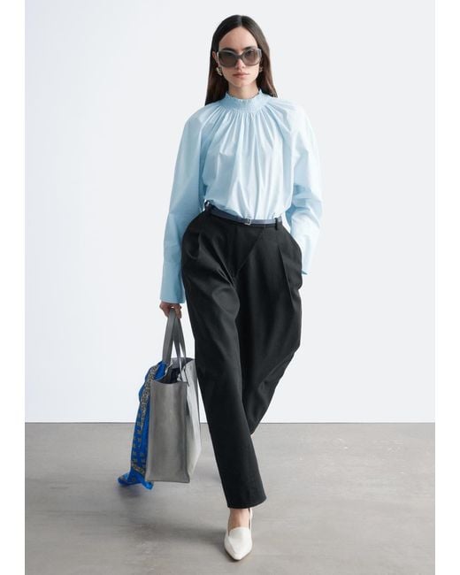 & Other Stories White Gathered Stand-Collar Blouse