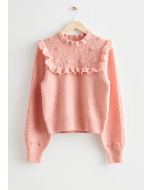 & Other Stories Pink Embroidered Ruffle Knit Sweater