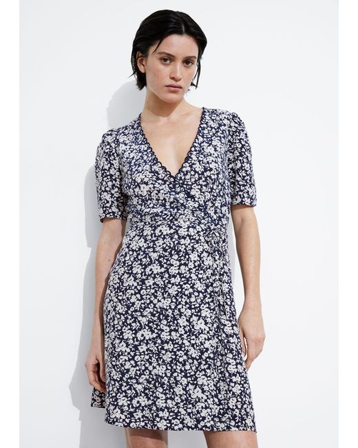 & Other Stories Blue Printed Scallop Wrap Mini Dress