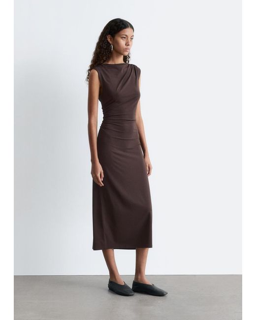 chocolate brown ruched midi dress One Shoulder Drape Satin Bridesmaid Dress main image 1