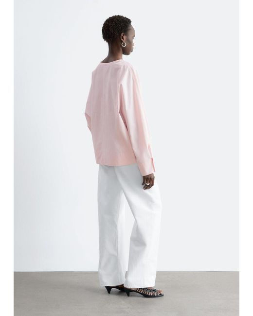 & Other Stories Pink Sculptural Cotton V-Neck Blouse
