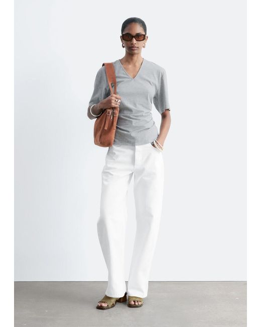 & Other Stories White Gathered V-Neck T-Shirt