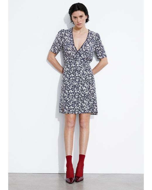 & Other Stories Blue Printed Scallop Wrap Mini Dress
