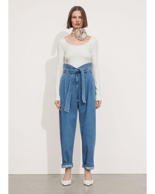 & Other Stories Blue Wide Paperbag Denim Trousers