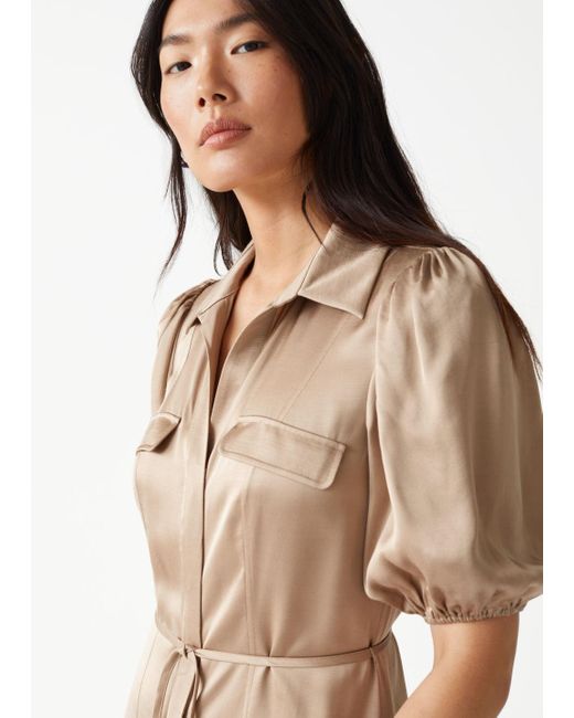 Belted Puff Sleeve Midi Dress in Beige 