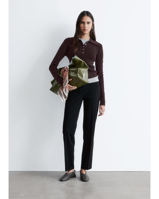 & Other Stories Brown Rib-Knit Merino Wool Polo Top