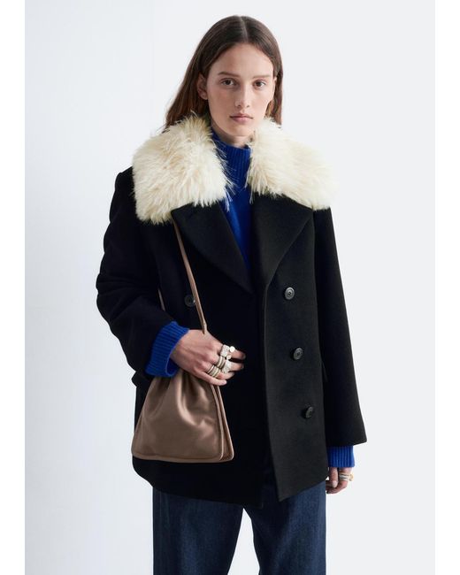 & Other Stories Blue Short Fur-Collar Wool Coat