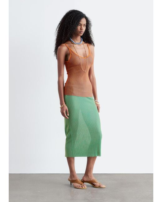 & Other Stories Green Rib-Knit Midi Skirt