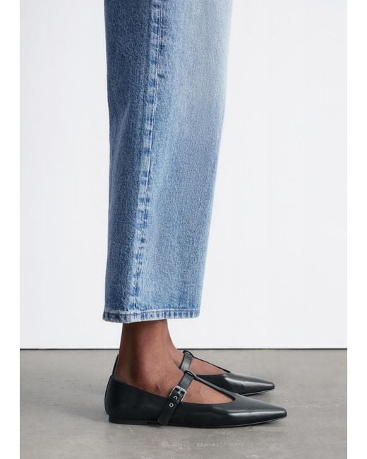 & Other Stories Blue T-Bar Leather Ballet Flats