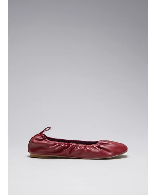 & Other Stories Red Ruched Leather Ballet Flats