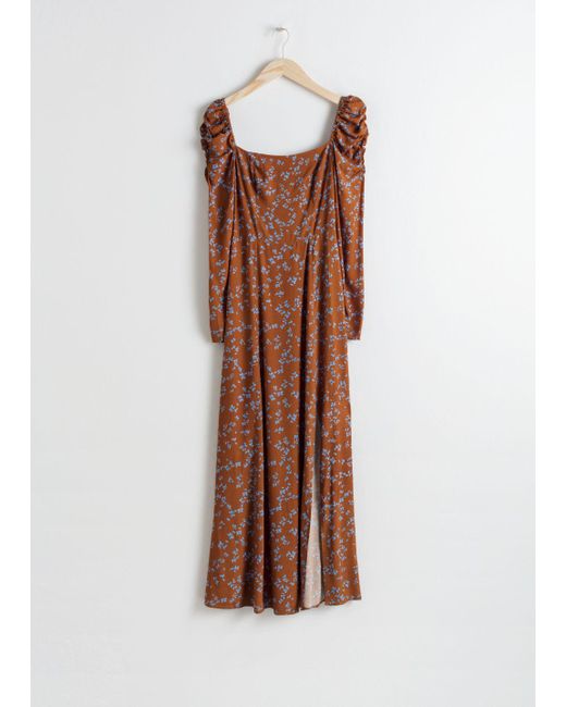 & Other Stories Brown Ruched Floral Maxi Dress