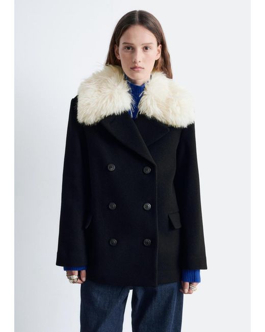 & Other Stories Blue Short Fur-Collar Wool Coat