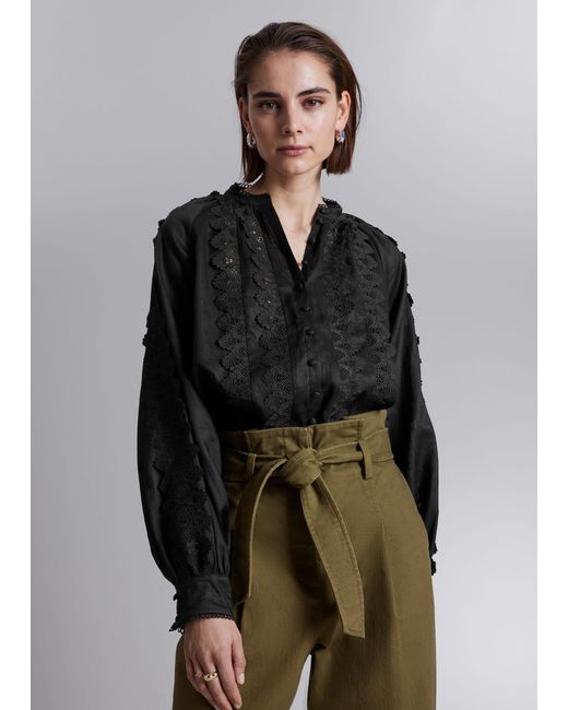 & Other Stories Black Scalloped Lace Blouse