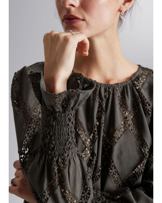 & Other Stories Black Embroidered Frill-cuff Blouse