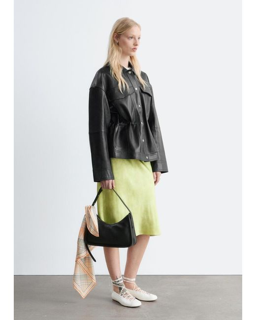 & Other Stories Black Drawstring-Waist Leather Jacket