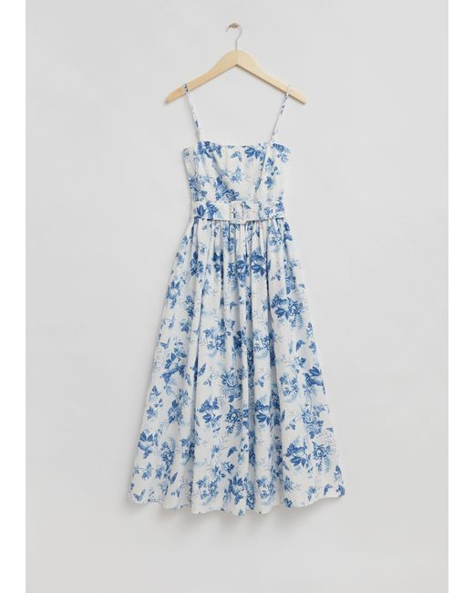 & Other Stories Blue Belted Linen Midi Dress