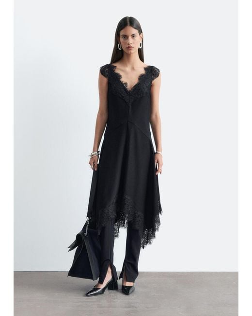 & Other Stories Black Lace-Trim Midi Dress