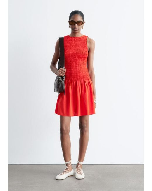 & Other Stories Red Smocked Cotton Poplin Mini Dress