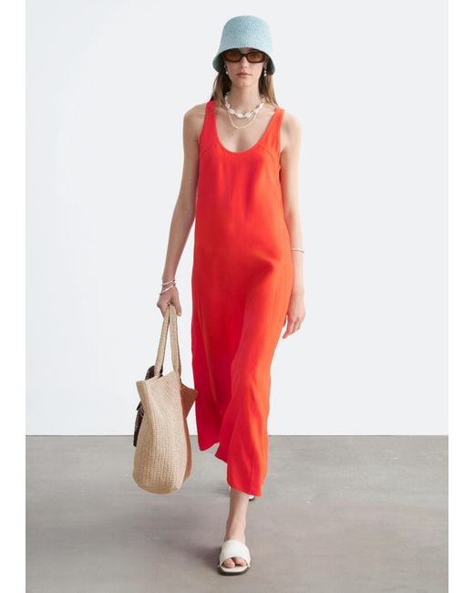 & Other Stories Red Scoop-Neck Midi Dress