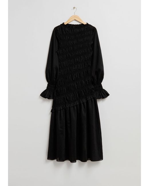 & Other Stories Black Smocked Midi Dress