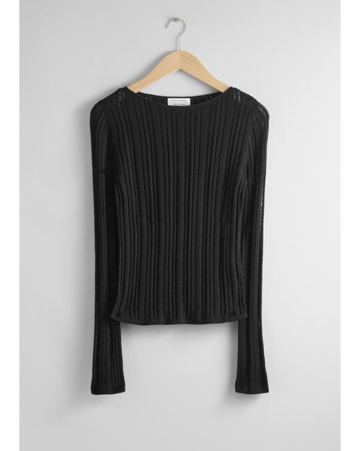 & Other Stories Black Sheer Rib-Knit Top