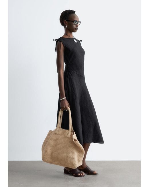 & Other Stories Black Flared Linen Midi Dress