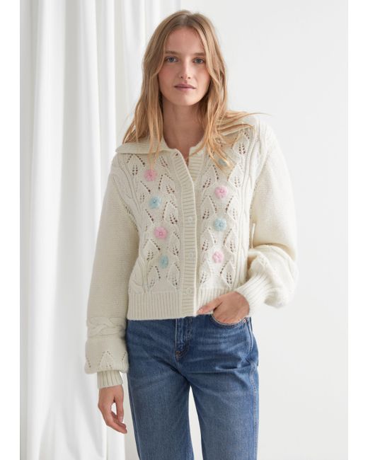 & Other Stories White Floral Embroidery Cable Knit Alpaca Cardigan