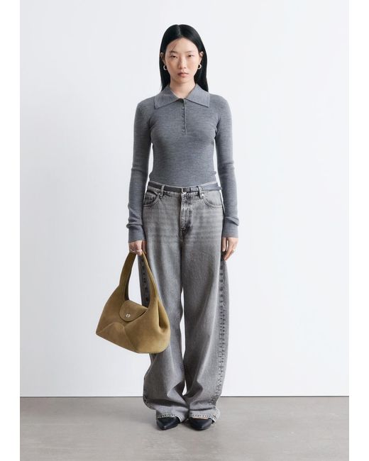 & Other Stories Gray Rib-Knit Merino Wool Polo Top