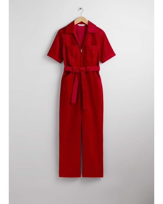 & Other Stories Red Belted Corduroy Jumpsuit