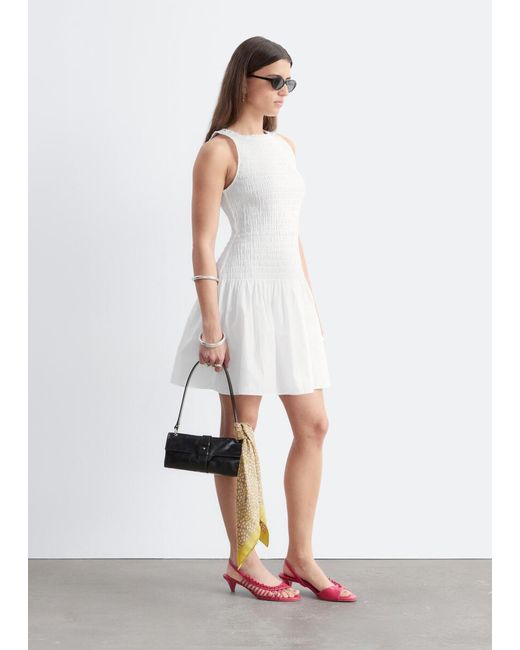 & Other Stories White Smocked Cotton Poplin Mini Dress