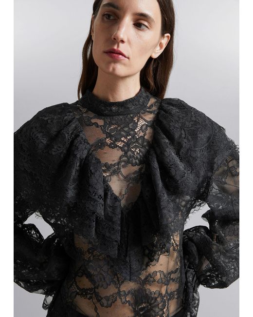 & Other Stories Black Ruffled Lace Blouse