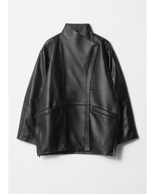 & Other Stories Black Oversized Cocoon Leather Jacket