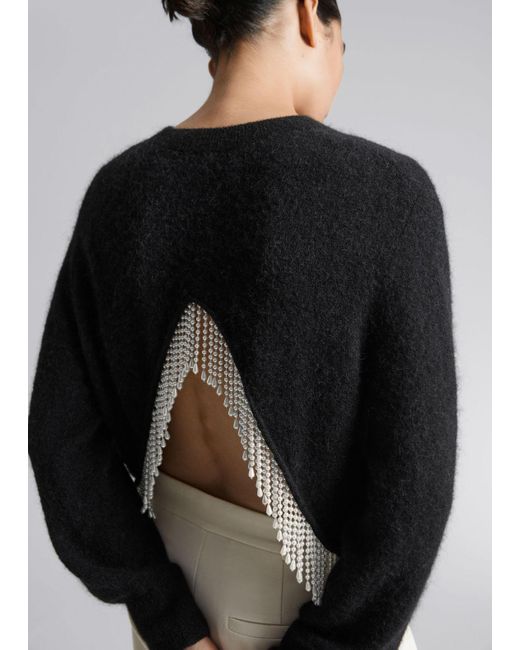 & Other Stories Black Pearl Fringed Cropped Sweater