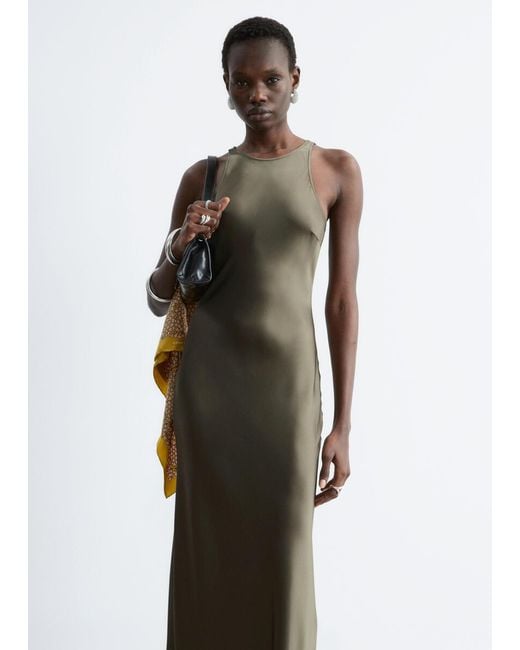 & Other Stories Green Sleeveless Satin Midi Dress