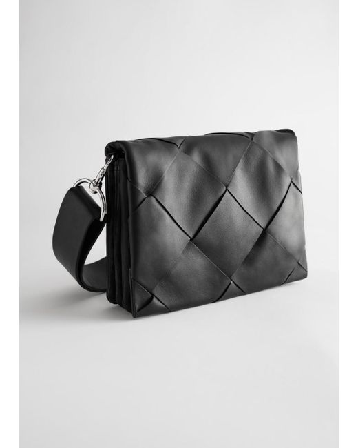 & Other Stories Black Leather Diamond Braided Crossbody Bag