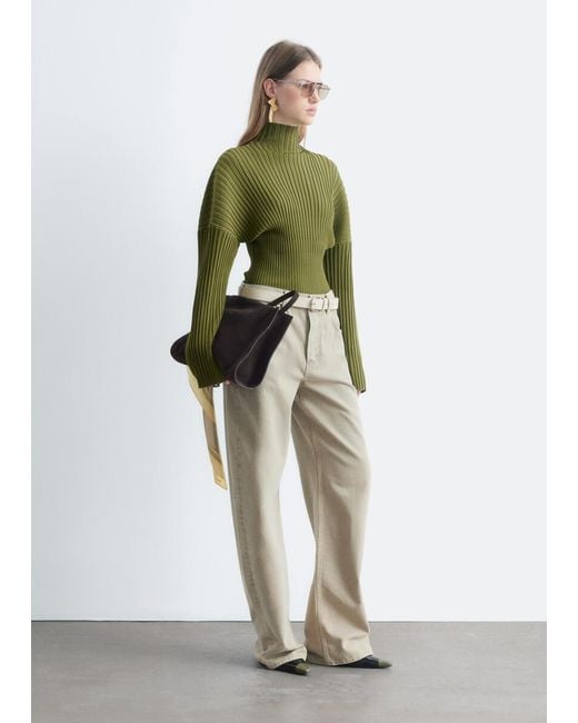 & Other Stories Green Ribbed Mock-Neck Jumper