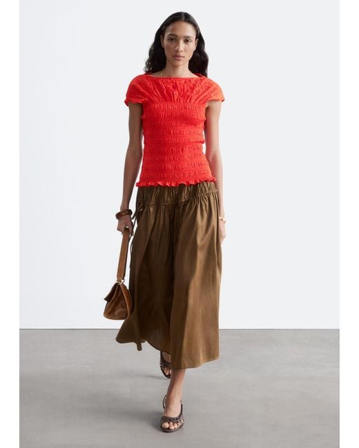 & Other Stories Red Smocked Boatneck Top