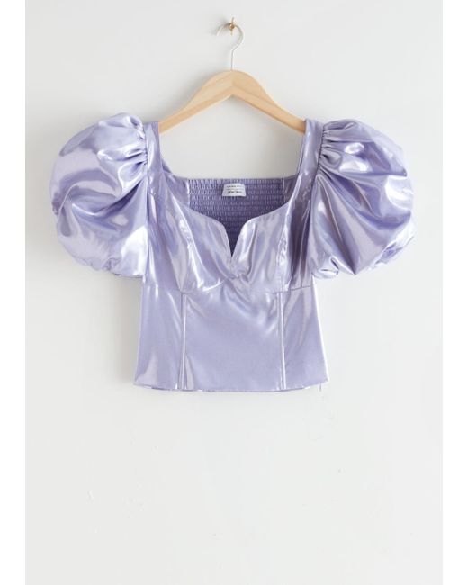 & Other Stories Purple Metallic Puff Sleeve Top