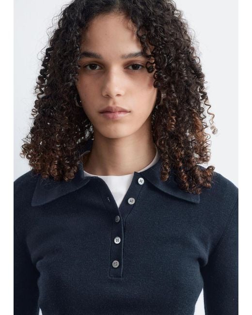 & Other Stories Blue Rib-Knit Merino Wool Polo Top